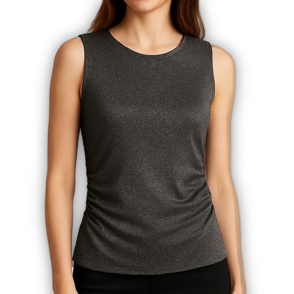 Rebecca Minkoff Black Metallic Shimmer Top L Ruched Sleeveless Party Evening